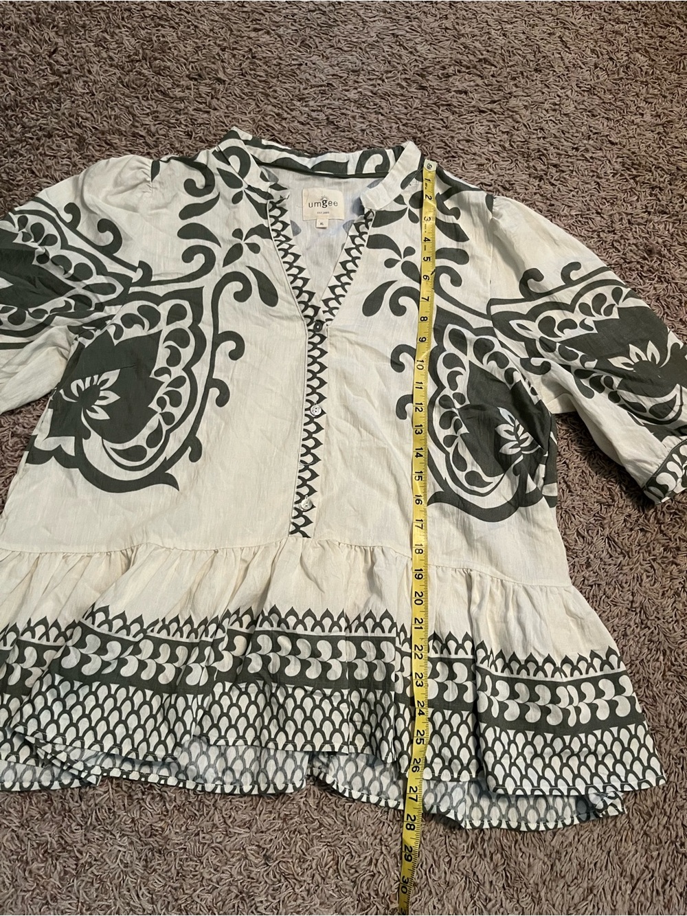 UMGEE Scroll Print Popover Peplum Blouse Boho Tunic Top Sz XL Cream Sage - Picture 9 of 10